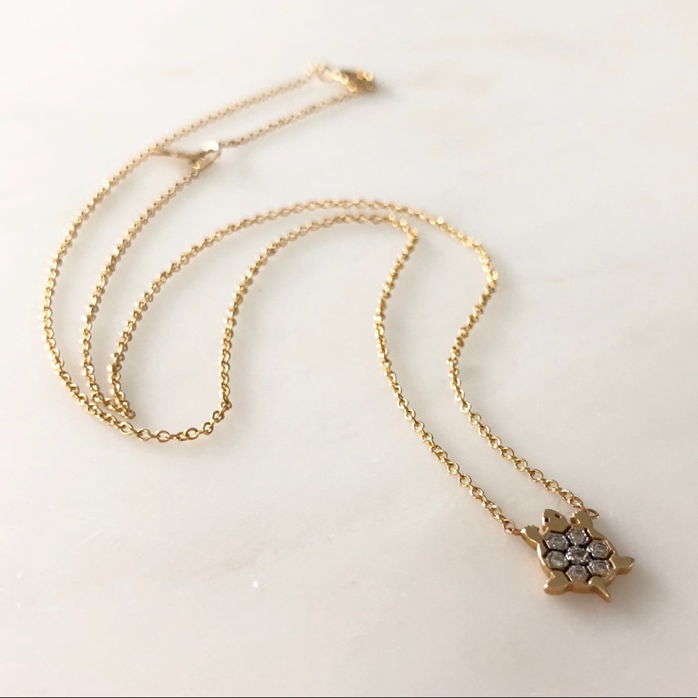 14K Yellow Gold and White Diamond Turtle Necklace
